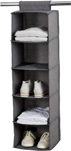 Love IT Store IT - Premium - Étagère Suspendue en Lin Pliable, 5 Compartiments avec Renforcement Bois, Organisateur Armoire, Gris Chiné, 30x30x100 cm