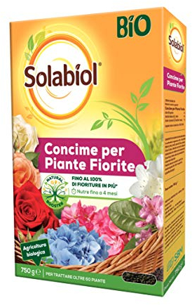 Solabiol Concime Biologico Granulare Piante Fiorite con Tecnologia Natural Booster per favorire lo sviluppo dell’apparato radicale e avere fino al 100% di fioriture in più. 750g