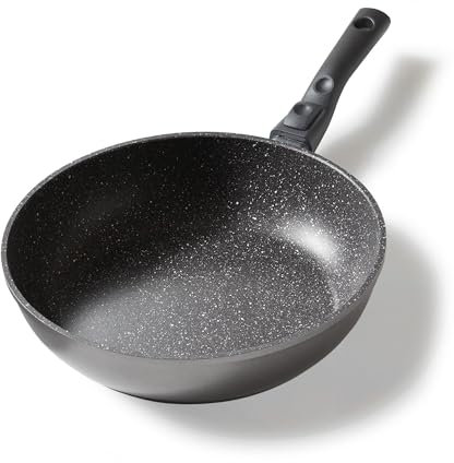 STONELINE Flex Made in Germany Schmorpfanne 28 cm, hoher Rand, mit abnehmbarem Griff, hohe Pfanne für öl- und fettfreies Braten, antihaft beschichtet mit echten Steinpartikeln, Induktion
