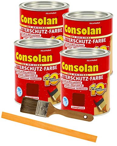 Consolan Wetterschutzfarbe deckend Holzschutzfarbe Holzfarbe bis zu 10 Jahre wetterbeständig für Holz und Zink Außen inkl. Pinsel (4 x 0,75L, schwedenrot)