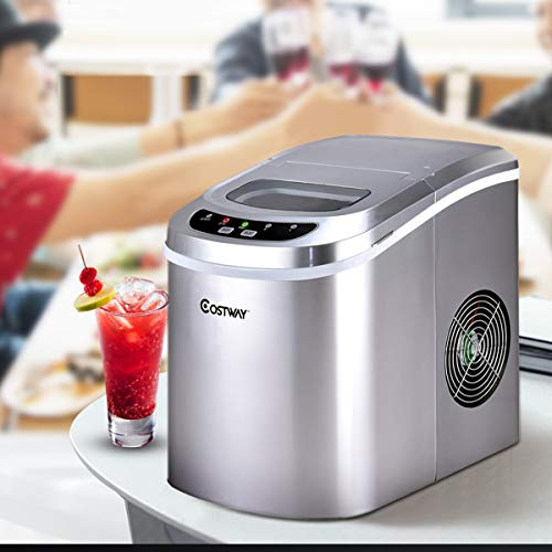 COSTWAY Machine à Glaçons Réservoir 2,2L, 12 kg de Glace/24 h avec 2 Tailles de Glace,9 Galçons par 6-13Min pour Maison,Bureau,Café (Argent)