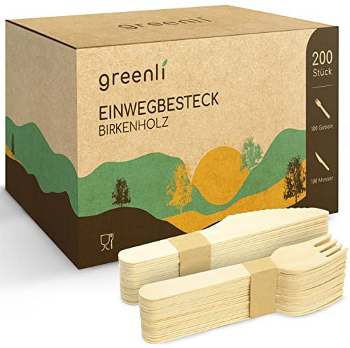 greenli® Einwegbesteck Set - 200 Holzgabeln und Holzmesser - Nachhaltiges Einweggeschirr Set aus Holz