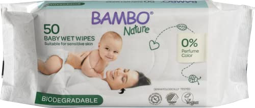 Bambo Nature Plastic-Free Wet Wipes (1x 50), Newborn Essentials, Eco-Labelled Baby Wipes, Gentle and Soft, Moisturising, Skin-Friendly, Plastic-Free, Baby Essentials