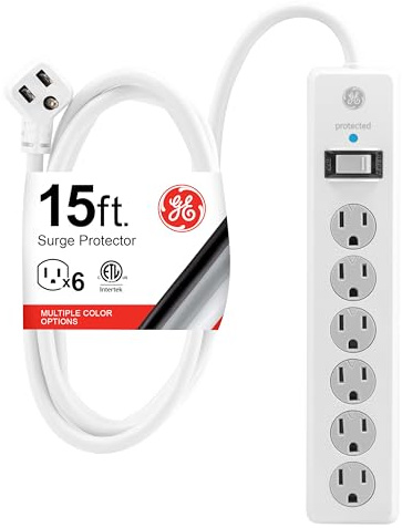 GE Surge Protector Power Strip, 15 Ft Extension Cord, 6 Outlet Extender, 800 Joules, Flat Plug, Twist-to-Close Safety Covers, ETL Listed, White, 50768