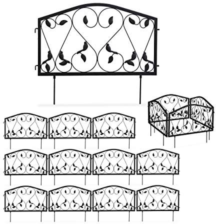 Relaxdays 12 TLG. Beetzaun, Beetumrandung für Garten, Steckzaun Eisen, antik, Blätter Design, Zierzaun, HxB 33 x 675 cm, schwarz