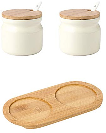 OnePine 2er Set Keramik Gewürzdosen, 300ml Zuckerdose Keramik Zucker Schüssel Salzstreuer mit Löffel und Bambus Deckel für Zuhause und Küche