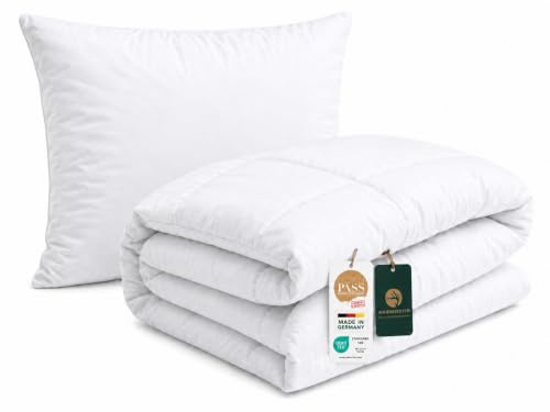 DILUMA Bettenset 2tlg - Federn Daunen Bettdecke 135x200 cm und Kopfkissen 80x80 cm - Premium Bettdeckenset - Bezug aus 100% Baumwolle / 1000g Füllung / ÖkoTex100