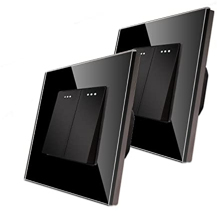2 Paquetes CNBINGO Cambio de Botón Rocker Interruptor Con Puntos de Tela Fluorescentes, Panel de Pared Negro de Cristal Moderno, Luz Doble, 2 Bandas de 2 Vías, 10A 250V