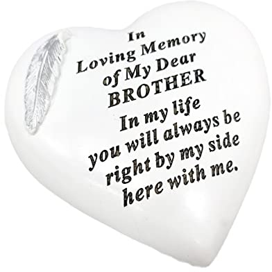 Memorial Stone Heart Plaques Grave Ornaments - Personalised Grave Decoration White & Silver Plaques with Feather- Outdoor Memorial Plaques 15 x 15cm (Brother)
