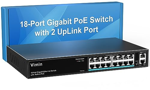 VIMIN 16-Port Gigabit PoE Switch mit 2 Uplink Gigabit Ports, 18-Port Unmanaged Ethernet PoE Switch mit 250W Leistung, Unterstützung von IEEE802.3af/at, VLAN, Wand- oder Rackmontage, Plug & Play