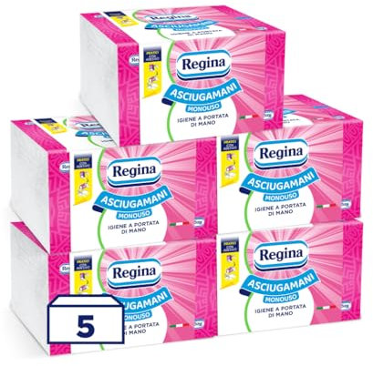 Regina Asciugamani Monouso – 5 Confezioni da 100 Servizi ciascuna, Asciugamani Usa e Getta Pratici ed Igienici, 100% Cellulosa FSC, Biodegradabili, Confezione Dispenser