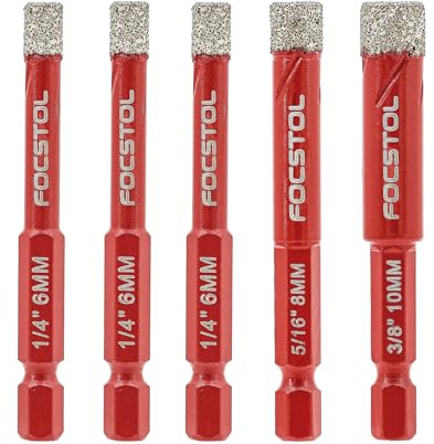 FOCSTOL Diamant Fliesenbohrer 6/6/6/8/10mm mit Schnellwechsel-Sechskantschaft für Keramik Porzellan Fliese Marmor Granit Ziegel Packung mit 5
