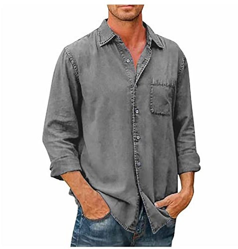 Rosennie Fitness Shirt Herren Gym Hemd Herren Schwarz Poloshirt Revers Einfarbiges Knopfleiste Freizeithemd Mit Brusttasche Langarm Hemd Baumwoll Leinen T Shirt Tshirt Weiss (Grau 5XL)