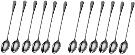 PEBBLE HUG 12 Pcs Metallic Black Long Handle Latte Iced Tea Spoon, Coffee Spoon, Ice Cream Spoon, Stainless Steel Cocktail Stirring Spoons(Set of 12)