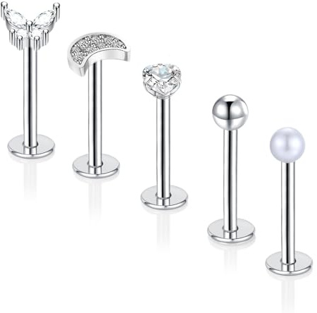 Gojewen 5stk Lippenpiercing Labret Stecker 10mm Chirurgenstahl Piercing Helix Lippe Monroe Medusa Studs 16G Silber Schmetterling