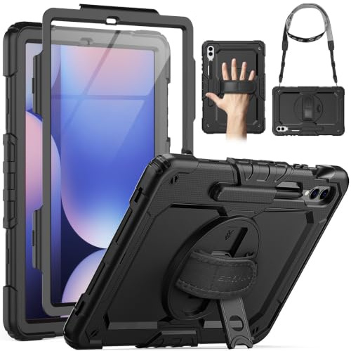 SEYMAC Hülle für Samsung Galaxy Tab S10+/S9 FE+ Plus/S9+ 12,4 Zoll, Schwarz | Stoßfeste Hülle mit Displayschutzfolie, 360°Drehbarem Ständer, Handschlaufe, Schultergurt, Stifthalter, Arbeit/Outdoor&Alltag