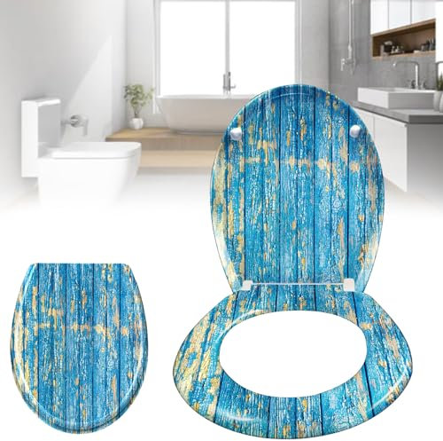 YARDIN WC Sitz mit Absenkautomatik Toilettendeckel Toilettendeckel Klodeckel Klobrille mit absenkautomatik Toilettensitz Verschiedene Muster, Blau Planks