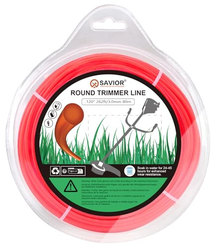 Savior grästrimmer tråd 3,0 mm x 80 m klipptråd trimmer tråd nylon grästrimmerspolar tråd friklippare trådar för gräsmatta ogräs 3,0 mm (0,120 tum) x 80 m rund, orange