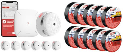 X-Sense XS01-M ProConnected Rauchmelder mit SBS50 Basisstation & tesa Isolierband im 10er Pack - Selbstklebendes Isolierband, hitzebeständig - Zum Isolieren, Reparieren und Bündeln - 10 m - Schwarz