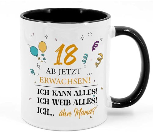 Tarklanda Tasse 18. Geburtstagsgeschenke Keramik Tasse mit Spruch 18 ab jetzt Erwachsen! Kaffeetasse für Junge Mädchen Sohn Tochter, Geschenkideen zum 18. Geburtstag (Schwarz)