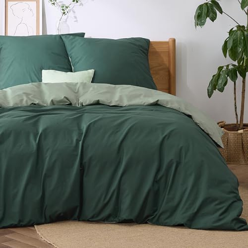 BEDSURE Parure de lit 200x200 Sauge Foncé Vert - Ensemble de Literie en Coton 200 x 200 cm Housse de Couette Reversable 3 Pièces avec 2 Taies d'oreiller 80x80 cm, Oeko-TEX Housse de Couette Bicolore