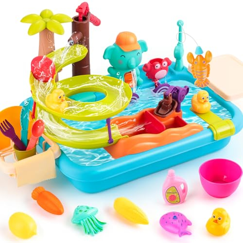 Juboury Kids Play Kitchen Sink Toy With Manual Faucet, Sink With Running Water, Fishing Water Toys, Children's Play Kitchen Gift for Boys Girls
