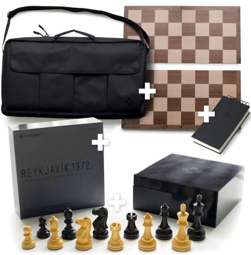 Tempest Tournament Staunton Chess Set Bundle – Portable Professional Set with Regulation 2.25” Hardwood Board, 3.75” Weighted Wooden Pieces, Carry Bag & Scorebook (No Clock) (Reykjavik)