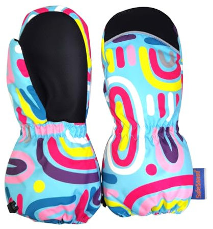 Safesense Skihandschuhe Fäustlinge Kinder 7-11 Jahre alt wasserdicht, Schneehandschuhe Ski Mädchen Junge, Colorful Doodles M