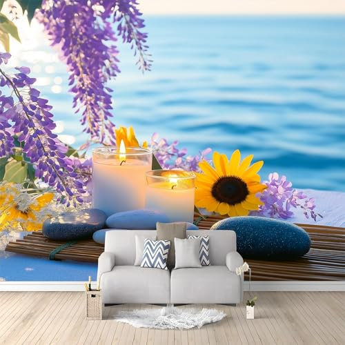 Fotomurale Carta da parati Mare Fiori Viola Pietre 250x175 cm Fotomurali Murale 3D Poster Gigante Moderna, Carta da Parati Decora per Camera Letto, Soggiorno, Stanza dei Bambini
