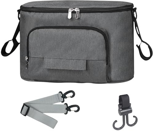 Bizcasa Kinderwagen Organizer, Universal Kinderwagentasche, Baby Kinderwagen Tasche, Baby Wickeltaschen mit Reißverschlusstasche, Becherhalter, Schultergurt und Großem Stauraum (Grau)