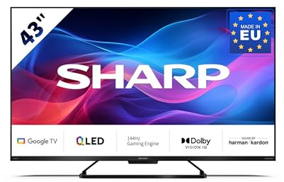 Sharp 43GR8265E Téléviseur 43 4K Ultra HD 144 Hz Google TV – Gaming & streaming QLED Smart TV sans cadre (HDMI 2.1, ALLM & VRR) – Avec applications (Netflix, Prime, Disney+, Apple TV)