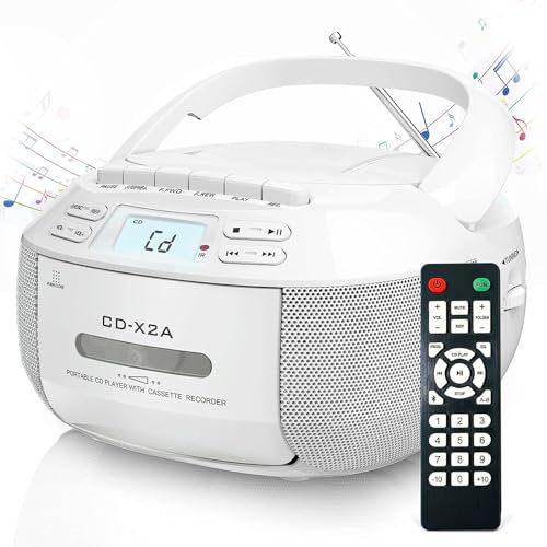 Player CD Portatile, Piccola Radio per Casa, Radio FM con Bluetooth, Telecomando, Riproduzione USB/aux, Lettore A Nastro Cassetta, Boombox con Altoparlanti, Registratore CD retrò, AC/dc White