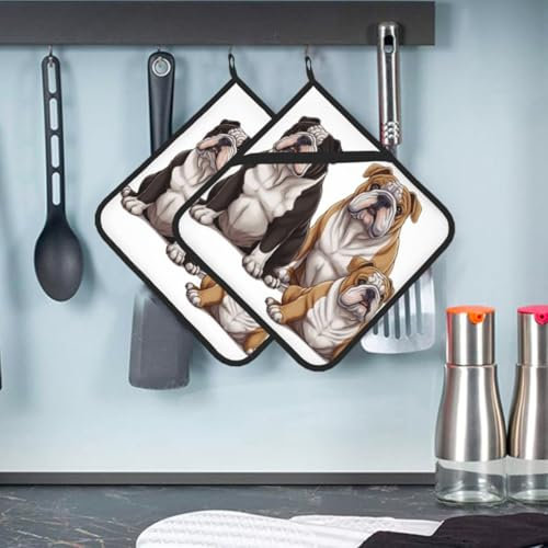 Topflappen mit englischer Bulldogge, hitzebeständig, für Küche, Topflappen mit Tasche, waschbare Ofenhandschuhe, Kochpads, Stoffuntersetzer zum Backen, 20,3 x 20,3 cm, 2 Stück