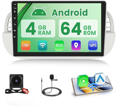 4+64G for 2007-2015 Fiat 500 Android 15 Car Stereo Wireless Apple Carplay Android Auto,9 inch IPS 1280 * 720 Touch Screen Radio DSP 5G WiFi Bluetooth GPS FM RDS+Free AHD Backup Camera