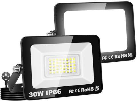 Willpower 2PCS Projecteurs LED Extérieur Avec Prise, Spot LED 30W 3000LM, 6000K Blanc Froid, IP66 Etanche Eclairage Lumière de Sécurité pour Jardin Patio Garage Terrasse Maison