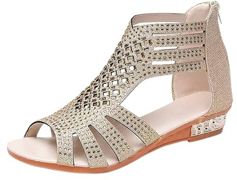 Sandalias romanas para mujer, plataforma con plantilla brillante, zapatos de mujer, sandalias huecas, zapatos de verano, transpirables, sandalias abiertas, sandalias de ocio, ligeras, beige, 41 EU