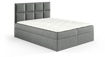 Sofello Boxspringbett GOBI 180 x 200cm 2X Bettkasten Topper 5cm Gratis Beige Velour ohne Beine Schlaffläche + 3 cm: 123/143/163/183/203 cm (Riviera 91 - grau, 200x200)