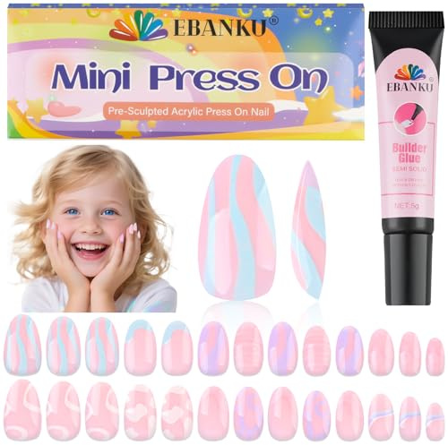 EBANKU 26 Pieces Press on Nails, 1 Pack Kid Fake Nail Kit Scrawl Press on Nail Short Artificial False Nail Kits for Girls with Nail Glue