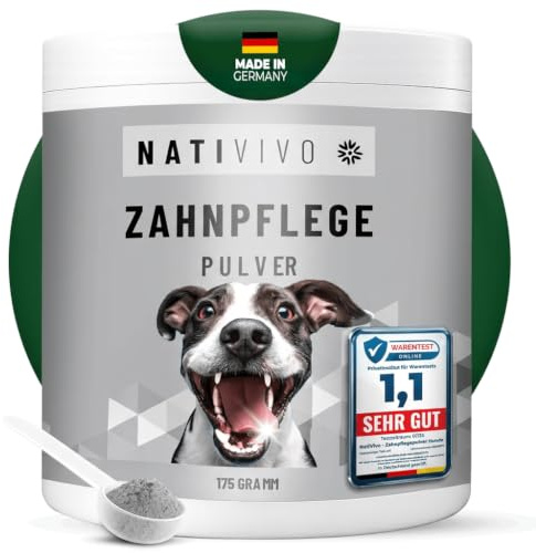 NATIVIVO Zahnpflege Hund - Zahnsteinentferner, Zahnpulver - Made in Germany | Dental Pulver für Hunde - Gegen Mundgeruch & Zahnstein - Zahnreinigung ohne Bürste - Für alle Hunderassen geeignet