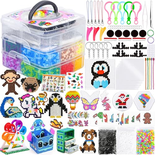 TEBOKHAD Kit De Perles à Repasser,11000 Pièces Perles a Repasser De 5 Mm Avec Boîte De Rangement,Plaques De Perle à Repasser, Kit De Perles à Repasser, Cadeau D'anniversaire/De Noël Pour Enfants