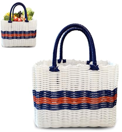 EAZHOP Tasche Einkaufskorb Geflochten, Korbtasche Handtasche, Strandtasche Stroh Kunststoff Shopper, Boho Basttaschen Damen Sommer, Wasserdicht Einkaufstasche (Weiß)