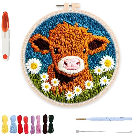 iuiiaii Punch Needle Kit for Beginners, DIY Punch Needle Kits Cross Stitch Kits for Kids, Embroidery Starter Set with Hoop Punchs Needles Instructions Cartoon Highland Cow with Daisy Flower 20x20cm