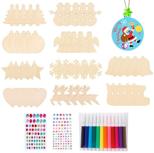 114 Stück Bastelset Weihnachten Set,Weihnachtsanhänger Holzanhänger Zum Bemalen, Diy Weihnachtsdeko Holz,50 Stück In 10 Verschiedenen Formen, Inklusive 12 Farbstifte ,2 Bögen Aufkleberund 50 Juteseile