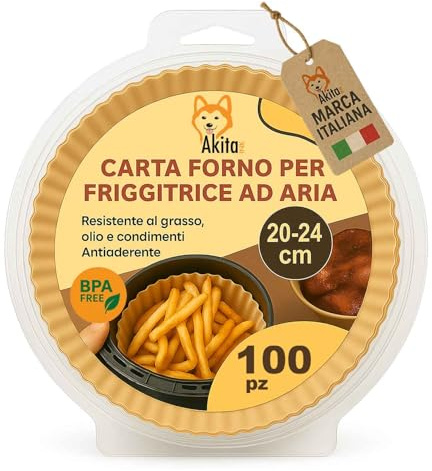 AkitaInk Carta Forno Antiaderente Rotonda per Friggitrice ad Aria - Monouso, BPA Free, Compatibile con Air Fryer, Forno, Padelle e Microonde 5-8 Litri (20-24 cm 100 PZ)
