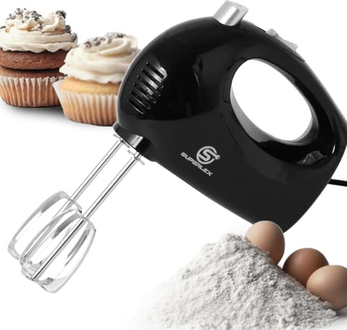 SUPERLEX Frullatore manuale da 250 W, 5 velocità, con 2 fruste in acciaio inox, impugnatura ergonomica, pulsante di espulsione per impasto, crema e torte