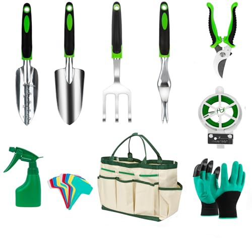 FHMIDIC Lot de 10 outils de jardinage en acier inoxydable robuste avec poignée antidérapante - Cadeau de jardin pour femmes et hommes - Vert