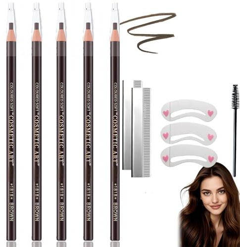 5PCS Waterproof Eyebrow Pencil Kit with Blades - Stencils & Brush, Peel-Off Sweat-Resistant Formula for Precise Outlining, Natural Brow Shaping, Smooth Filling and Long-Lasting Brown (Natural Brown)