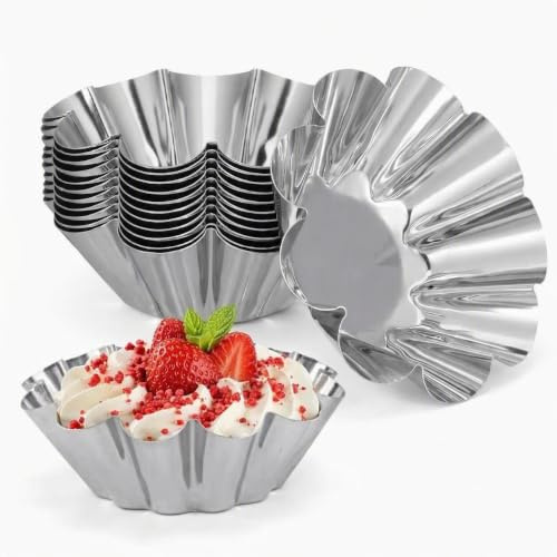 SINJAETRQ 25PCS Stainless Steel Mini Tart Moulds | Reusable 2.4in cups release egg custard tarts in 1 slide, for home bakers, afternoon tea, 25 single servings