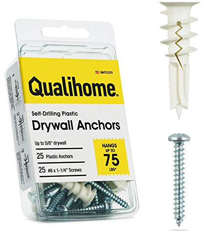 Qualihome Drywall Anchors with Screws – Self-Drilling Drywall Anchors, Anti-Spin Grip, No Pre-Drill Wall Anchor Kit, Strong & Reliable Hold, 25 Pack (50 Pieces)