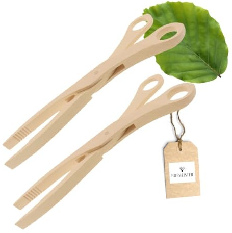 2x HOFMEISTER® Holzzange für Gurken, Antipasti und Salat – Holz-Schere mit Rillen für sicheres Greifen, hitzebeständig, Handarbeit – Buche, 28 cm
